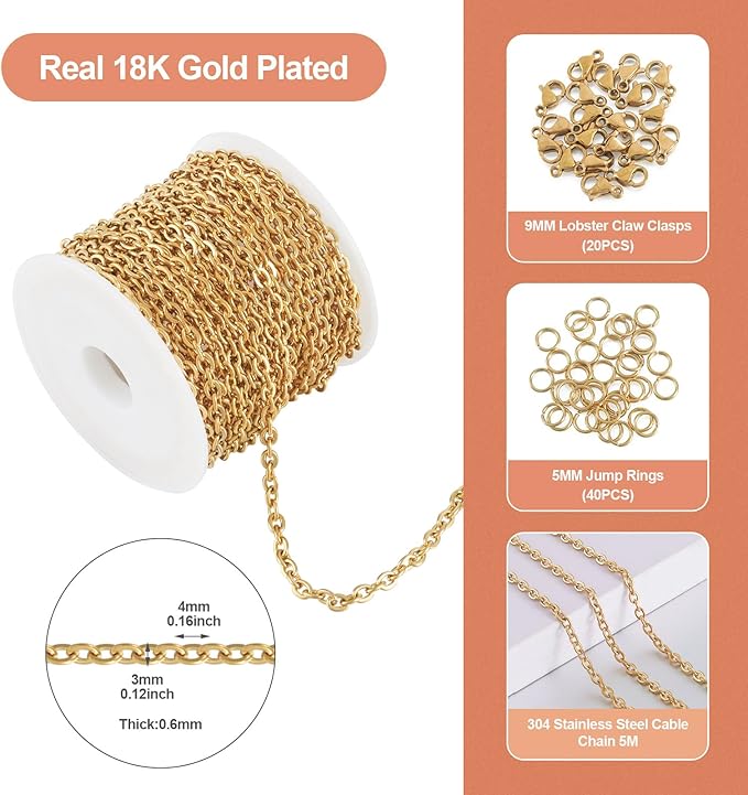 Sparkeads 5M Golden Chain for Jewelry Making,Stainless Steel Chain,Gold Link Necklaces for Women,Cable Chain Bracelet Chains for Bracelet DIY Chain Earring Craft Supplies Jewelry Making,4x3x0.6mm