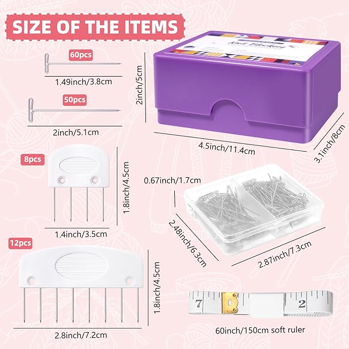 Uotey Knit Blocking Pins Kit, 20Pcs Knit Blockers Combs Pins, 110 T-pins for Blocking Knitting Crochet, Needlework Projects, Knitting Block Pins Tool for Blocking Mats