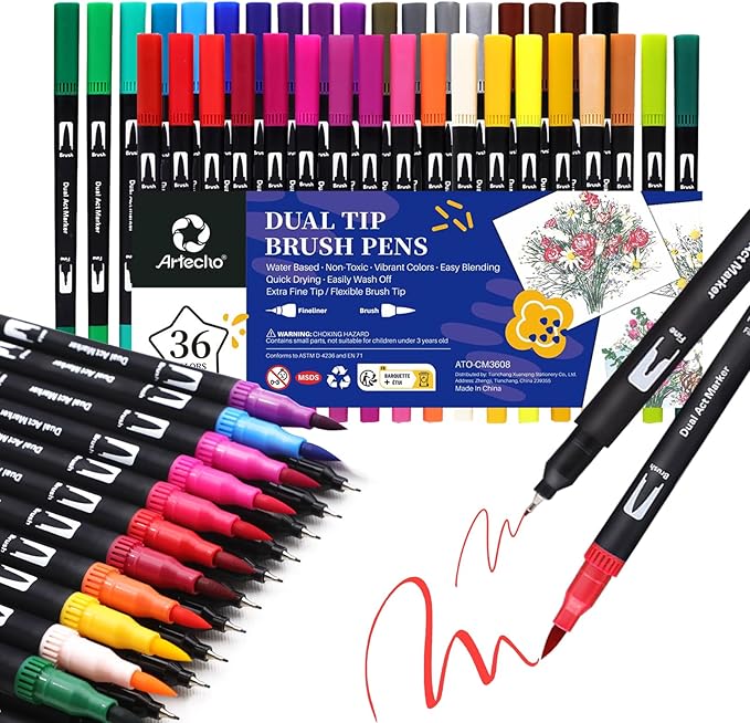 Artecho 36 Colors Markers for Adult Coloring Books, Dual Tip Markers for School, Fine and Brush Tip for Adults Coloring Books, Calligraphy, Drawing, Sketching