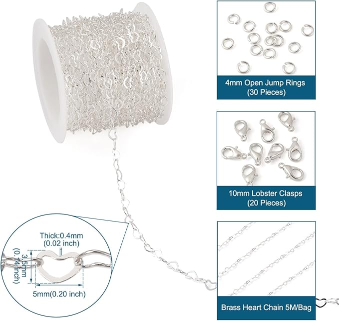 PH PandaHall 16.4 Feet Brass Heart Link Chains 18K White Gold Plated Heart Chains Soldered Jewelry Chains with 50Pcs Jump Rings Lobster Claw Clasps for Bracelet Necklace Jewelry Making