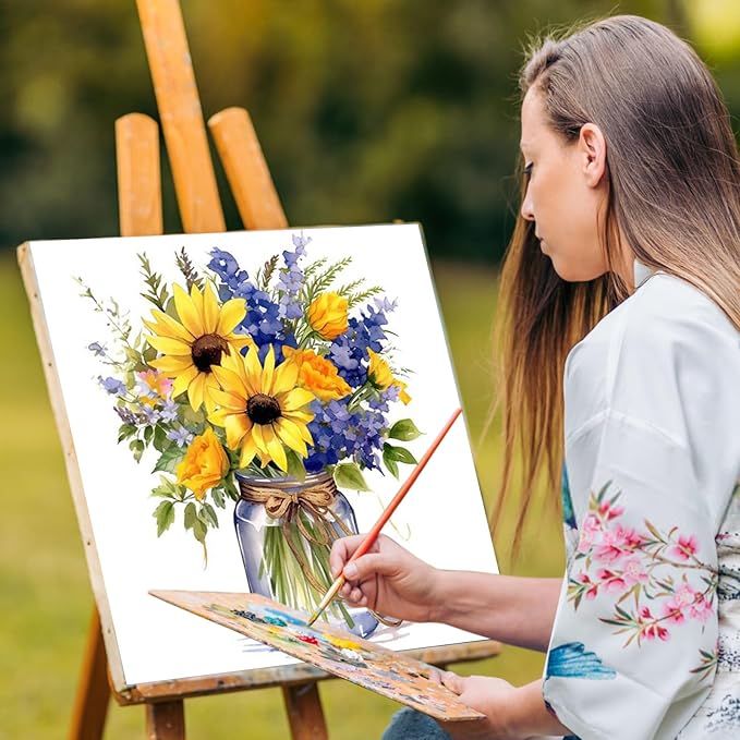 Yezavesu Flower Framed Paint by Numbers Kit for Adults Beginner & Kids Ages 8-12, Flowers Paint by Number Without Easel, DIY Adult Paint by Numbers Sunflower for Home Wall Decor Gift 10x 10 inch