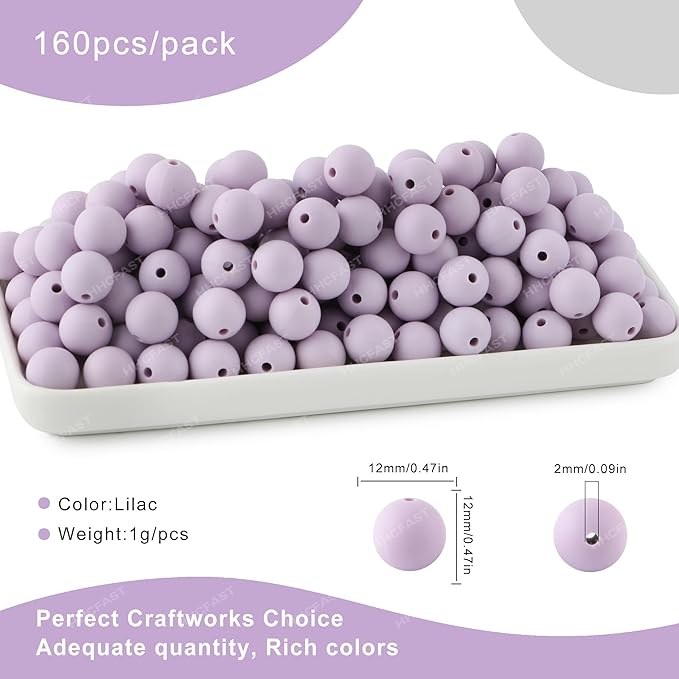160Pcs 12mm Silicone Beads for Keychain Making Bracelet Necklace, Bulk Round Silicone Beads for Pens（Lilac）