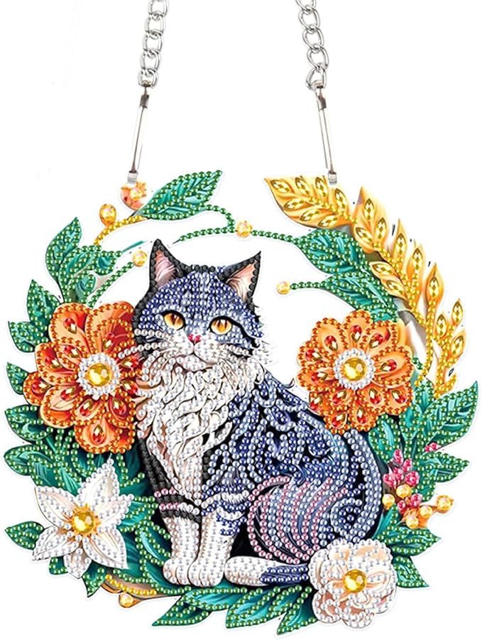 Flower Birdcage Design DIY Diamond Art Painting Wreath Kits Special Shaped Rhinestone Diamond Art Window Pendants Home Garden Wall Hanging Kits (Single Side Point Drill) (#11-Cat) (#13-Cat)