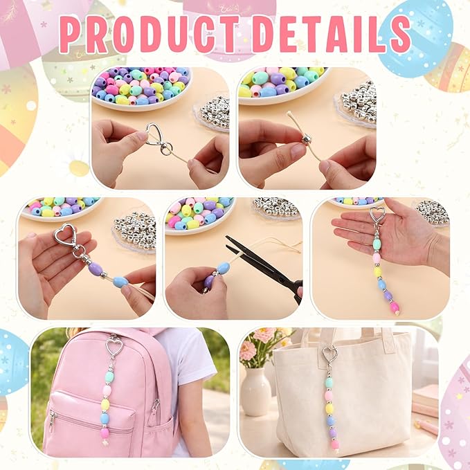 Equsion 423 Pcs/30 Sets Religious Easter Crafts Keychain Beads Making Kit with Jelly Bean Prayer Cards Colorful Beads for Easter Egg Filler Christian Church Sunday School Activities Party Favor Decor