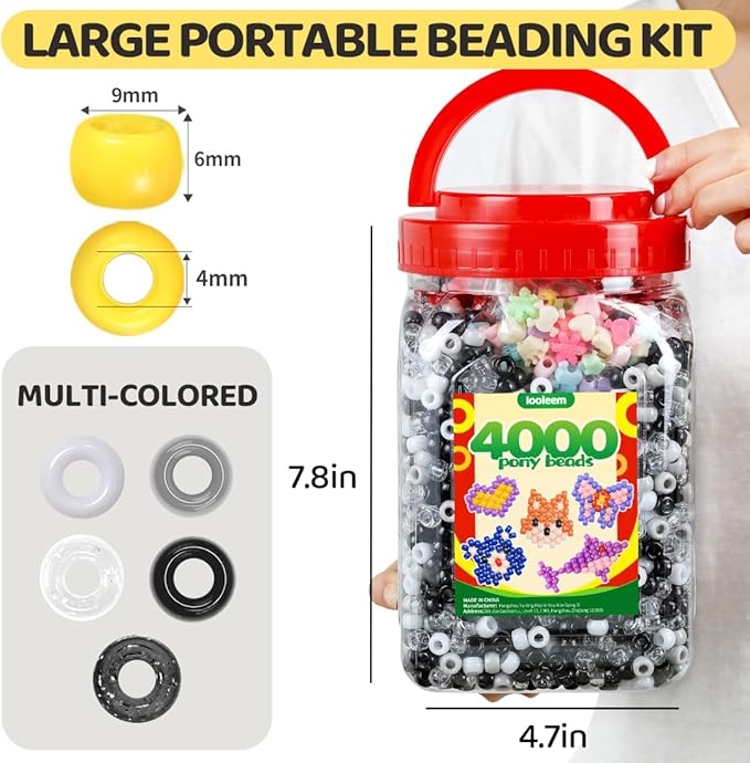 iooleem black white solid & glitter bulk pony beads - 4000pc kit for friendship bracelets & jewelry making, easy storage