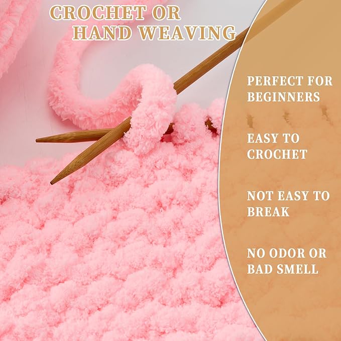 Chunky Chenille Yarn for Crocheting/Arm Knitting, Super Soft Jumbo Knit Blanket Yarn Pink 2 Pack (32 yds, 8.5 oz Each Pack)