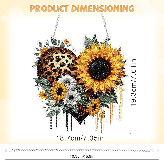 Bowetile Heart-Shaped Flower Diamond Art Hanging Kits for Adults, Diamond Art Suncatchers Sunflowers, 5D Special Shape Diamond Painting Pendant Window Ornament Gifts for Home Wall Decor