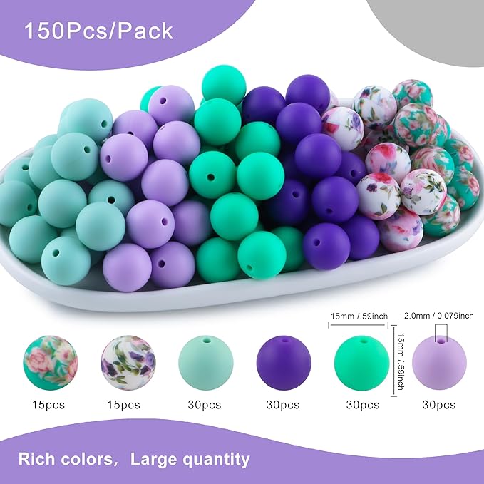 150Pcs Mixed Color 15mm Silicone Beads for Keychain Making, Green Purple Flower Print Silicone Beads for Pens and Bracelet Jewelry Making