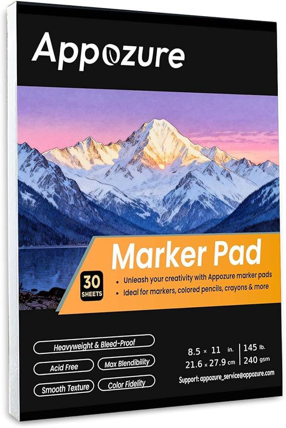 240GSM Bleedproof Sketch Pad for Markers, Acid-Free Heavyweight Smooth Drawing Papers, 8.5"×11" Large Paper Size Glue-Bound, 30 Sheets/60 Pages, Ideal for Artists, Kids, Adults, Dry Media, Gifts