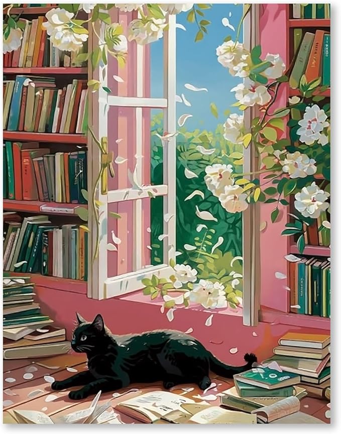 RLTXBUK Cat Cross Stitch Kits, Black Cat Book Stamped Counted Cross Stitch Kits for Adults, Book Lovers Reader Gifts for Women, Pet Lover Gifts, 11.8x15.8 Inch