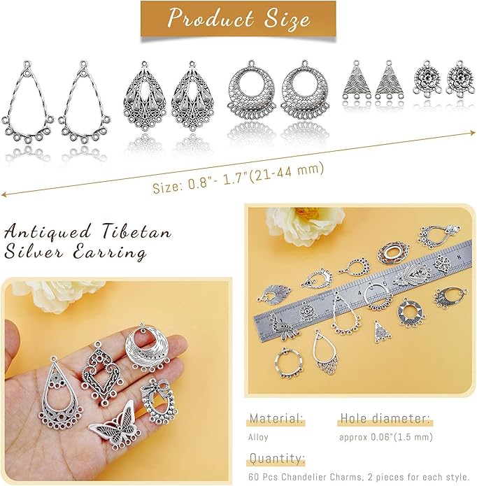 JIALEEY Antiqued Tibetan Silver Earring Chandelier Earring Jewelry Making Kit for Earring Drop and Charm Pendant Assorted Pack (30Pair 60Pcs)