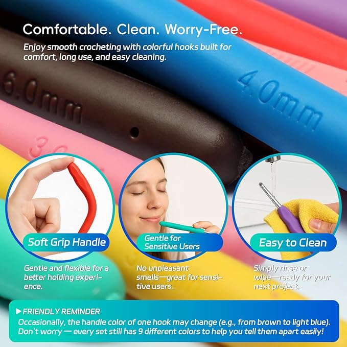 9PCS Ergonomic Crochet Hooks Set by Flickzo – Aluminum Crochet Hook Set with Soft Silicone Handles (2-6mm), Crochet Kit for Beginners with Crochet Tools & Knitting Accessories