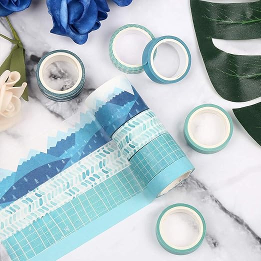CCINEE 12 Rolls Washi Tape Set,Blue Decorative Masking Tape Assortment for Planner Bullet Journal Scrapbooking Craft Supply