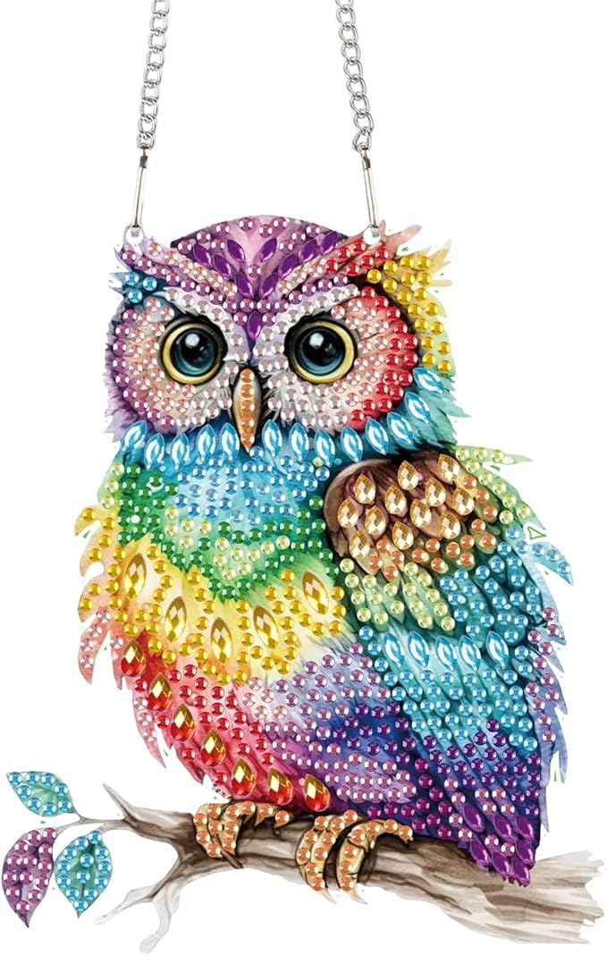 TDFERAN Diamond Painting Pendant DIY Colorful Owl Diamond Art Hanging Artwork Decoration Kit Garden Window Handmade Hanging Ornaments, Adult Painting Craft Gem Pendant Wall Home Decor