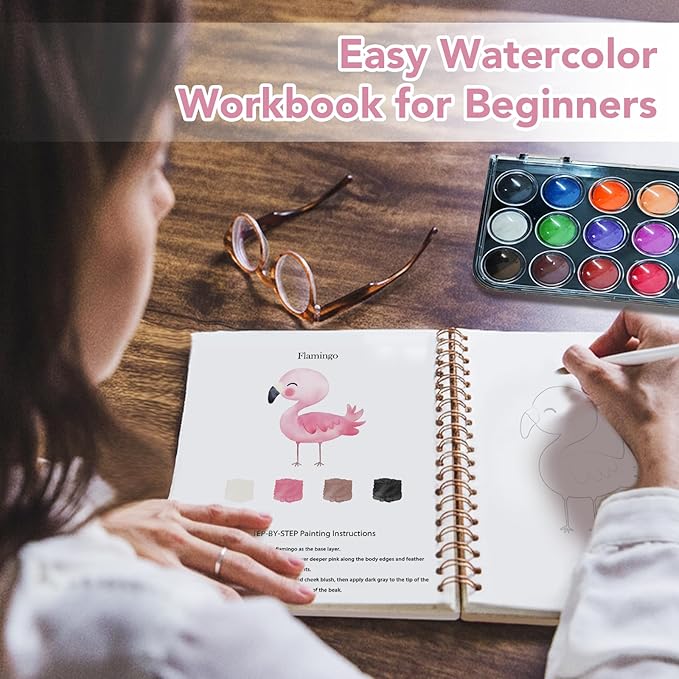 Easy Watercolor Workbook for Beginners - 12 Beautiful Step-by-Step Paintings Water Coloring Book, Includes 18 Colors Paints, Relaxing Art Projects and Creative Gift for Adults & Teen (Animals)
