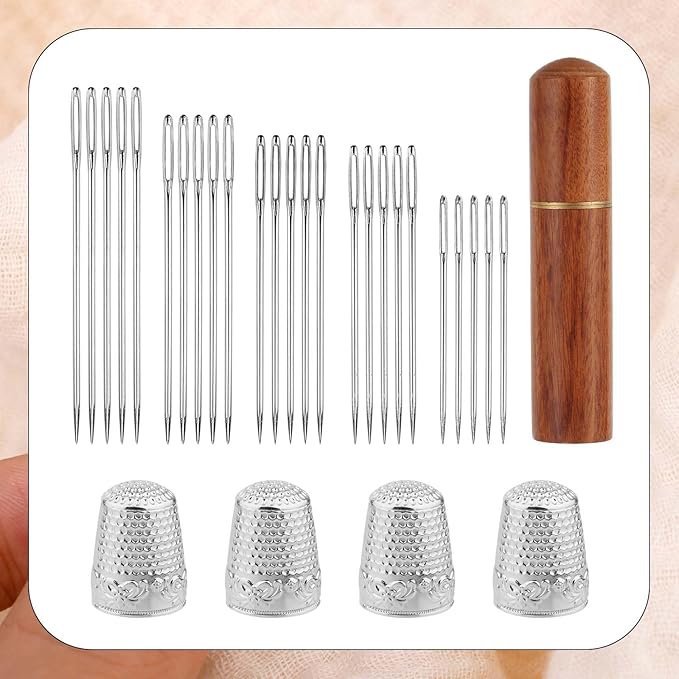 30pcs Large Eye Sewing Needles Kit, Stainless Steel Large Eye Embroidery Needles with Case and 4 Thimbles for Crochet Darning Yarn Knitting and Embroidery Projects