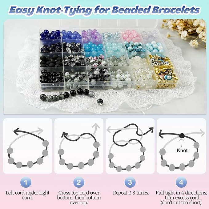 Queenme Beads Bracelet Making Kit: 660pcs 8mm Round Glass Beads 22 Colors with Bracelet Accessories and Elastic String for DIY Jewelry Making at Home for Women