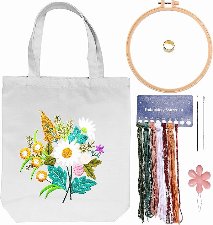 CREAWONDER Canvas Tote Bag Embroidery Kit with Pattern for Beginners, Arts and DIY Embroidery Crafts Kits for Adults, Include Instructions, Thimble, Embroidery Hoops, Color Threads and Tool