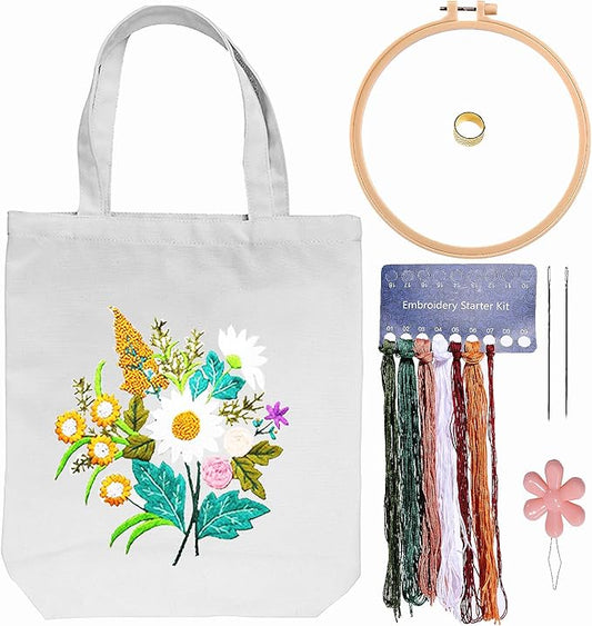 CREAWONDER Canvas Tote Bag Embroidery Kit with Pattern for Beginners, Arts and DIY Embroidery Crafts Kits for Adults, Include Instructions, Thimble, Embroidery Hoops, Color Threads and Tool