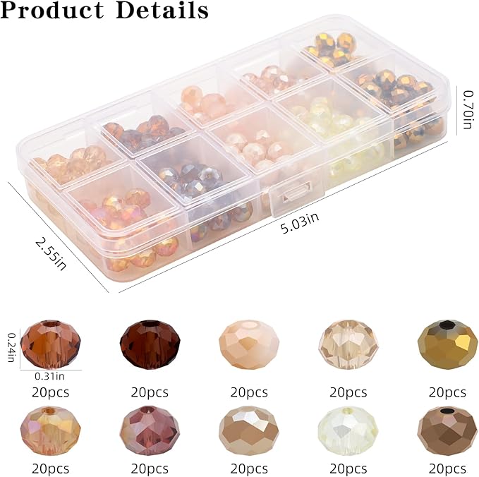 200pcs 8MM Faceted Rondelle Glass Beads for Jewelry Making, Briolette Crystal Glass Beads Plated Round Loose Spacer Beads for DIY Supplies Bracelets Necklaces Earrings (Brown)