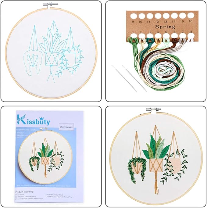KISSBUTY Full Range of Embroidery Starter Kit with Pattern, Cross Stitch Kit Including Embroidery Fabric with Plant Pattern, Bamboo Embroidery Hoop, Color Threads and Tools Kit (Epipremnum Aureum)