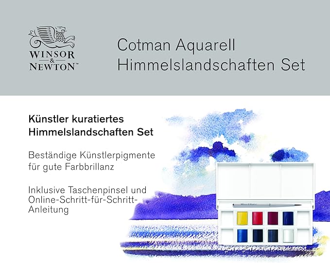 Winsor & Newton Cotman Watercolor Paint Set, 8 Half Pan, Sky Colors w/ Brush