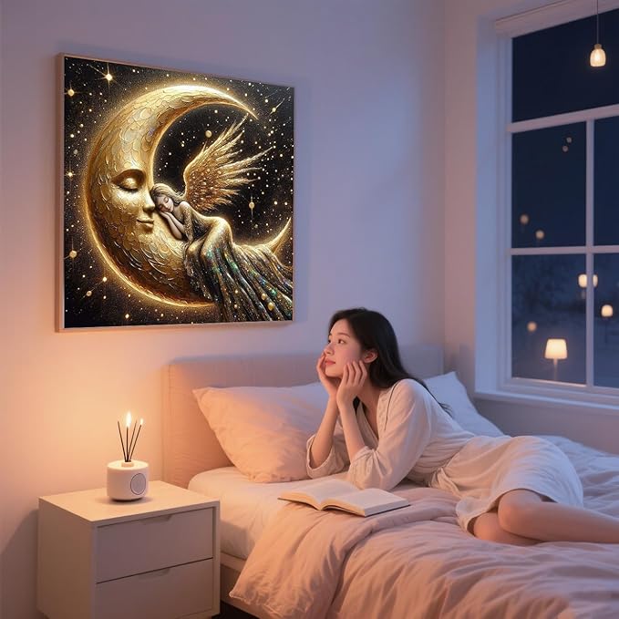ijbnhd Diamond Art Kits for Adults, 5D Fairy Diamond Painting Kits for Adults Beginners, DIY Full Drill Angel Wings Moon Gem Art Kits for Wall Home Decor 14 X 14inch