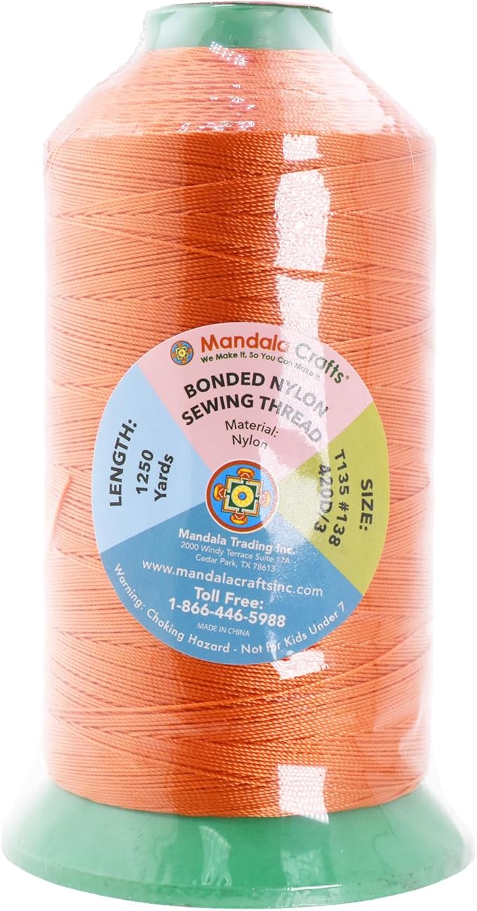Mandala Crafts Size 138 420D T135 Bonded Nylon Thread - Orange 1250 YDs Tex 135 Heavy Duty Sewing Threads for Leather, Jeans, Weaving, Outdoor Marine Upholstery