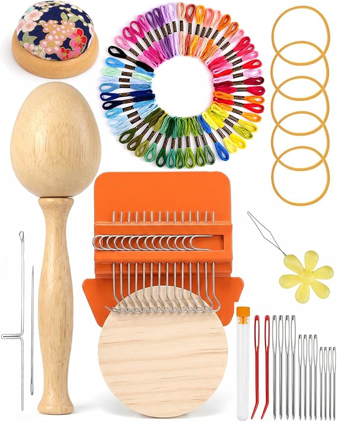 Knit Patch Kit, Mini Darning Loom, Darning Egg Weaving Tool Include Small Weaving Loom with 14 Large Eye Needles 50 Colors Thread for Visible Mending Jeans, Socks and DIY Fabric Repair (Orange)