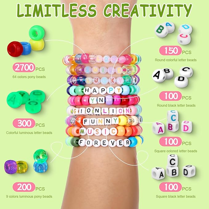 Ferreve 73 Colors 3700 Pcs Pony Beads for Bracelet Making Kit 64 Colors Pony Rainbow Letter Beads 9 Colours Glow in the Dark Beadwork Friendship Bracelet Jewelry Crafts with Elastic Cord