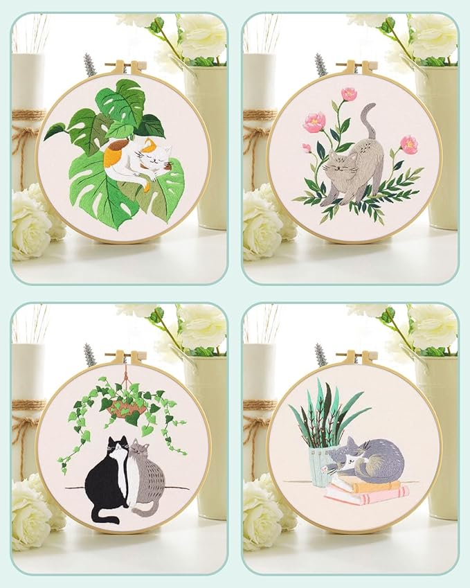 ERKOON 4 Sets Embroidery Kit for Beginners,Hummingbird and Flower Cross Stitch Set for Include Embroidery Cloth Hoops Threads for Craft Lover Hand Stitch (Cat)