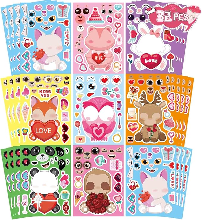32 sheets valentine stickers for kids, valentine's day make a face stickers, make your own stickers 8 designs of animal owl rabbit bear stickers for boys girls