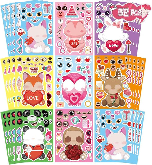 32 sheets valentine stickers for kids, valentine's day make a face stickers, make your own stickers 8 designs of animal owl rabbit bear stickers for boys girls