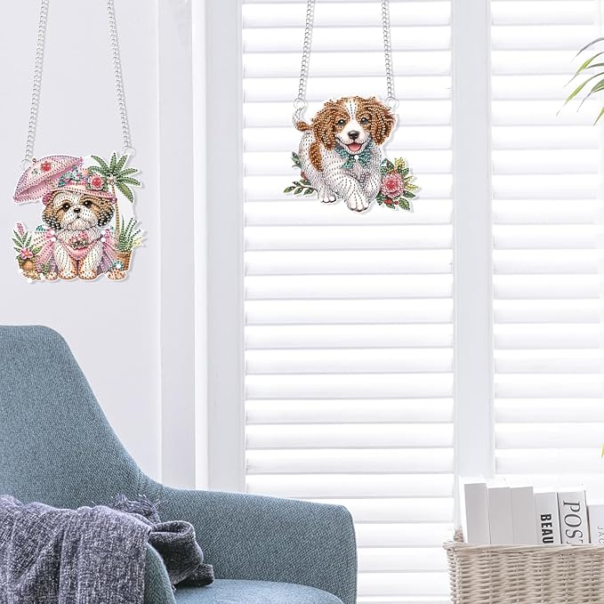 JISHSHAY 2 PCS Diamond Painting Pendant 5D DIY Dog Diamond Art Wind Chime Special Shaped Crystal Crystal Suncatcher Garden Wind Chimes Diamond Art Keyrings Pendant Necklace Diamond Art Kits Adults