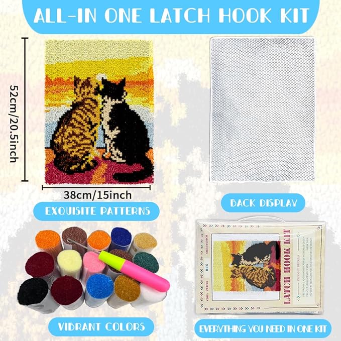 ORIGACH Cat & Sunset Latch Hook Rug Kit for Adults Printed Rug Making Kit Handmade Carpet Tapestry Cover with Hook Latch and Preprinted Canvas, Home Arts Crafts Sofa Decor, 20.5x15inch