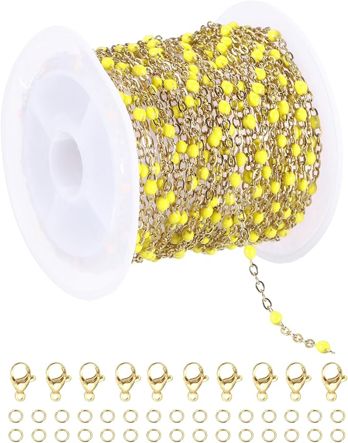 MECCANIXITY Stainless Steel Bead Chain, 16.4 Feet/5M Enamel Beaded Jewelry Link Cable Chains Spool Kit for Jewelry Making, Necklace, Bracelets, DIY Crafts (Gold/Yellow, Pack of 1)
