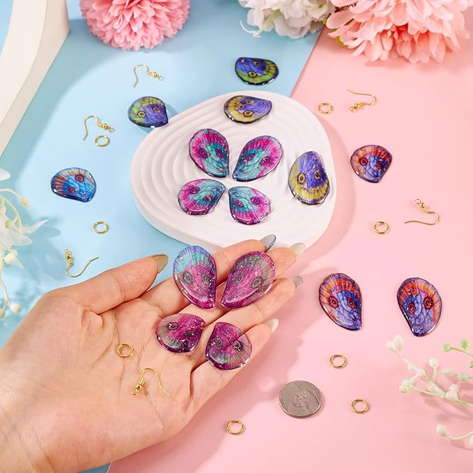 FASHEWELRY 16Pcs Resin Butterfly Wings Earring Charms Turquoise Pink Purple Fairy Wing Pendants Oaw Animals Print Feather Charms with Jump Rings Earrings Hooks for DIY Earring Jewelry Making