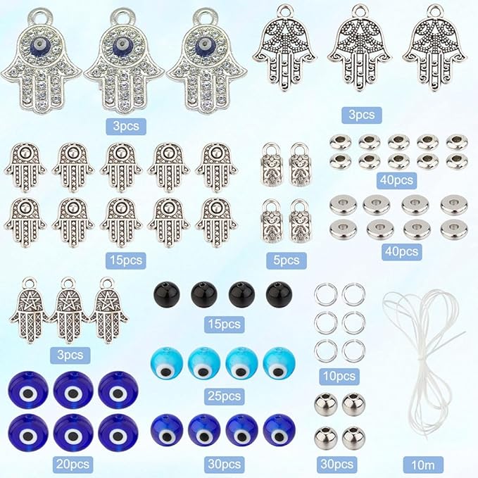 SUNNYCLUE 1 Box 240Pcs 6 String Evil Eye Bracelets Making Kit 8mm/10mm Evil Eye Beads Bulk Lampwork Glass Beads Blue Hamsa Hand Charms for Jewelry Making Kits Women Adults DIY Bracelets Crafts