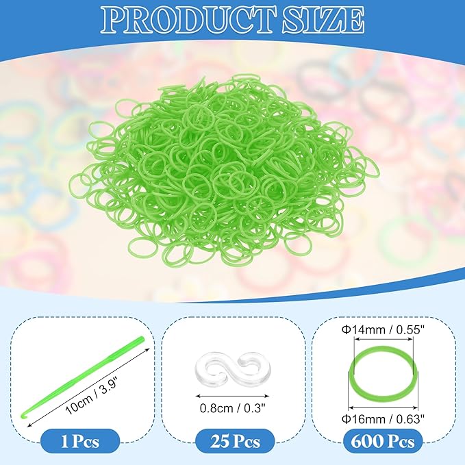 uxcell 600Pcs Loom Rubber Band, Bracelet Making Refill Kit Elastic Loom Band with 25Pcs S-Clips and 1Pcs Crochet Hooks for Weaving DIY Handcrafts, Grass Green