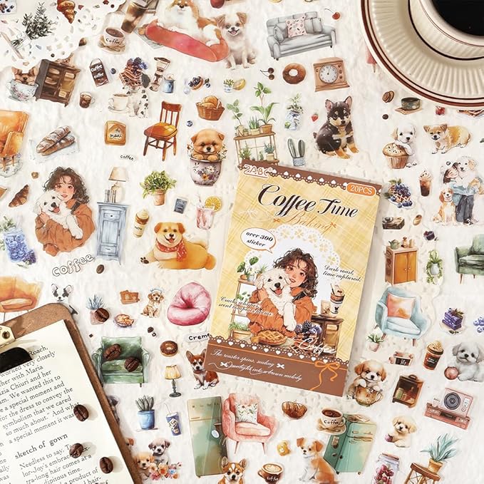 Journal Sticker Book for Journaling and Scrapbooking, Women Pet Coffee Time Theme, 20 Sheets 3.9x5.9 inches, Precut Clear PET Stickers for Junk Journal Supplies, Collage, Scrap Booking