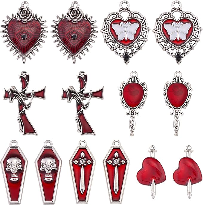 WEWAYSMILE 14Pcs Halloween Charm Pendant Red Skull Charm Witchy Charms for Jewelry Making Kit Hearts, Small Crosses Halloween Jewelry for DIY Necklace Bracelet Earring Accessories