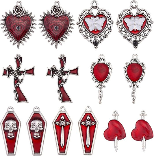 WEWAYSMILE 14Pcs Halloween Charm Pendant Red Skull Charm Witchy Charms for Jewelry Making Kit Hearts, Small Crosses Halloween Jewelry for DIY Necklace Bracelet Earring Accessories