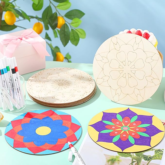22 Pcs Wooden Mandala Painting Set 10 Mandala Unfinished Wood Cutouts with 12 Markers for Crafts Diwali Craft Wood Slices for Adults Painting DIY Tags Wedding Home Decors(Classic Style)