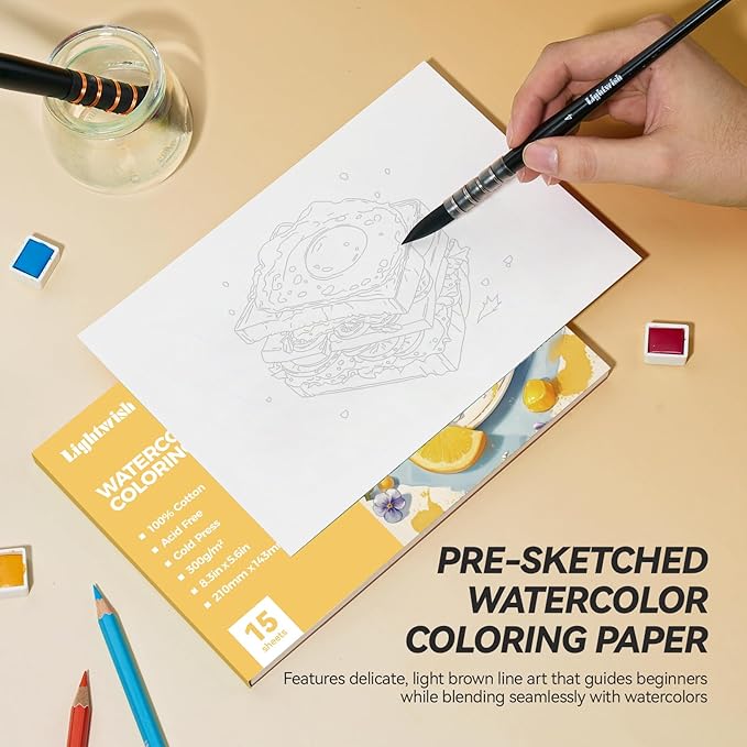 Lightwish Watercolor Coloring Book for Adults & Beginners,100% Cotton 300gsm/140lb Acid-Free Cold Press Paper, 8.3 x 5.6 Inches,15 Sheets,Food-Themed
