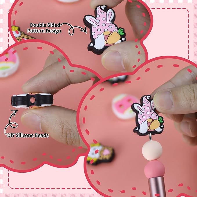 14pcs Easter Silicone Focal Beads, Round Silicone Beads for Keychain Making, Pens, Bracelet, Necklace Crafts (Pink, Easter)