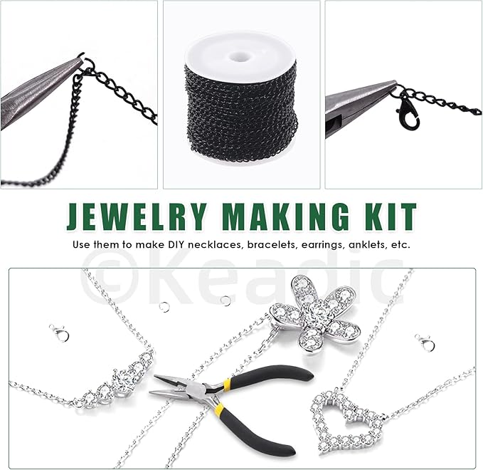 Keadic 102Pcs 30 Feet Jewelry Making Chains Kit W 3mm Metal Necklace Twisted Links Chain, Lobster Clasps, Open Jump Rings and Jewelry Pliers for Bracelet Earring Anklet DIY (Black)