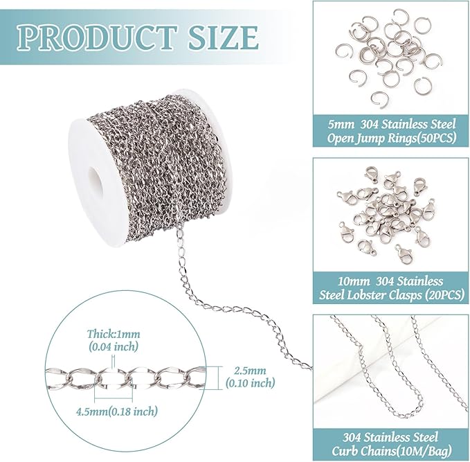 Sparkeads 10M Silver Chain for Jewelry Making,Stainless Steel Chain,Silver Link Necklaces for Women,Cable Chain Bracelet Chains for Bracelet DIY Earring Craft Supplies Jewelry Making,4.5x2.5x1mm