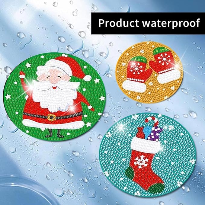 igoodom 8 PCS Christmas Diamond Art Coasters Kit, Diamond Painting Coasters with Holder, Non Slip Coaster Art Supplies for Adults, Christmas Gift