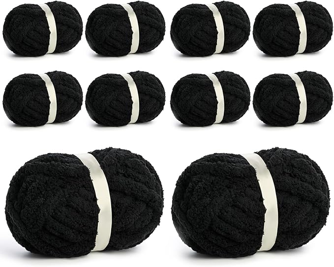 10 Pack Jumbo Chenille Yarn for Crocheting, #10 Super Bulky Baby Soft Yarn for Hand Knitting, 220 yds /70.5 oz Fluffy Chunky Knit Throw Blanket Yarn (Black)