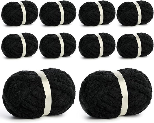 10 Pack Jumbo Chenille Yarn for Crocheting, #10 Super Bulky Baby Soft Yarn for Hand Knitting, 220 yds /70.5 oz Fluffy Chunky Knit Throw Blanket Yarn (Black)